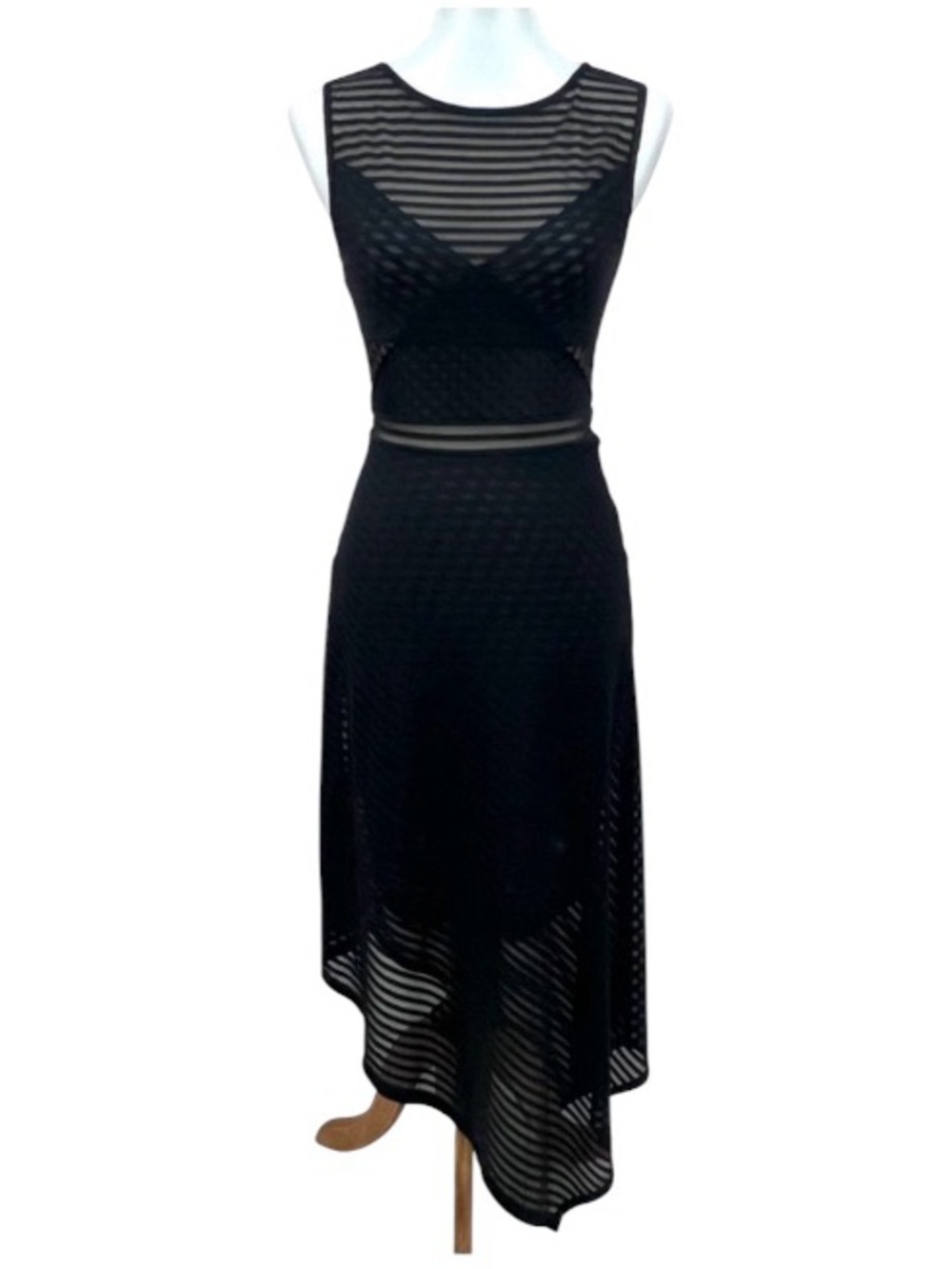 BCBG Maxazria Asymmetrical Hem Striped Mesh Overlay Leona Sleeveless Midi Dress